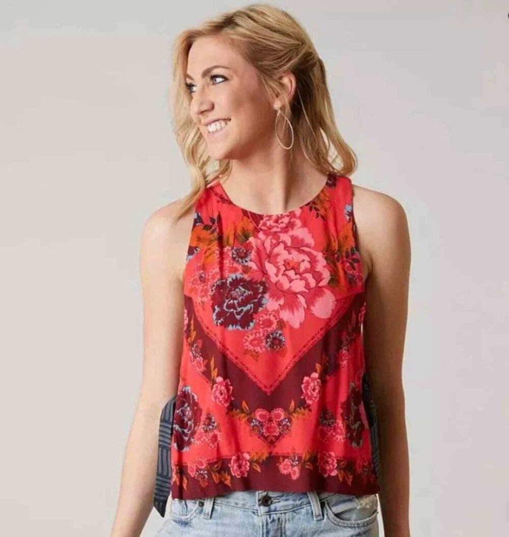 Free People This Sweet Love Top XS Floral Side Tie Scarf Tank Pink Red Boho